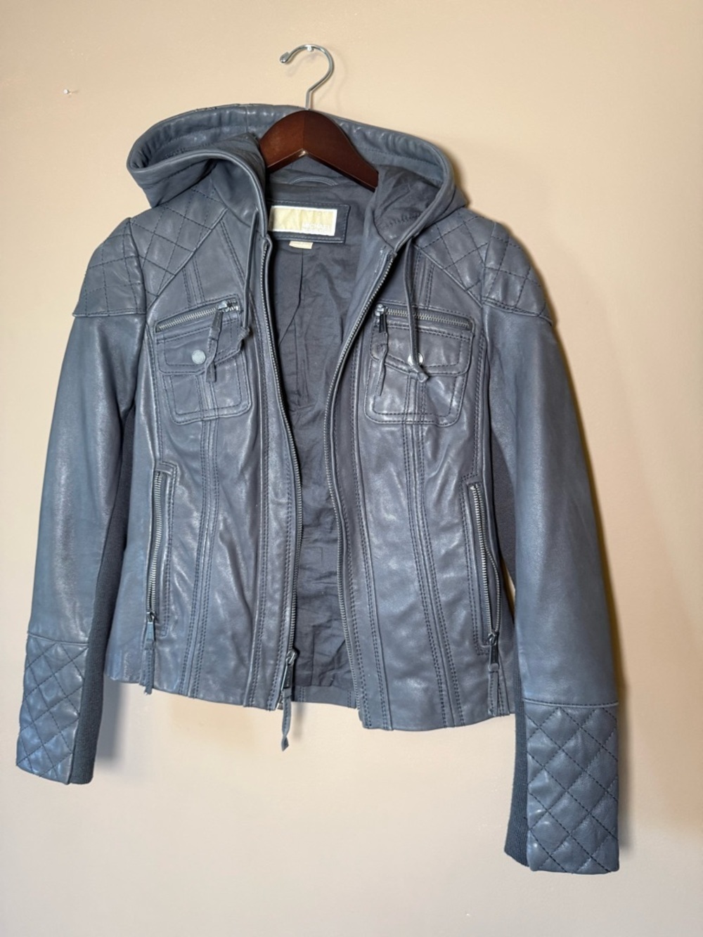 Michael Kors Slate Gray Hooded Moto Jacket Ribbed Knit Panels S - Picture 8 of 10
